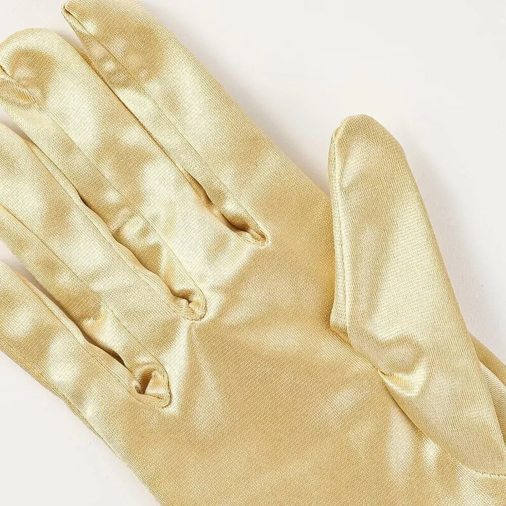 Women's Gold Satin Pearl Short Length Wrist Gloves Wedding Banquet Party Prom